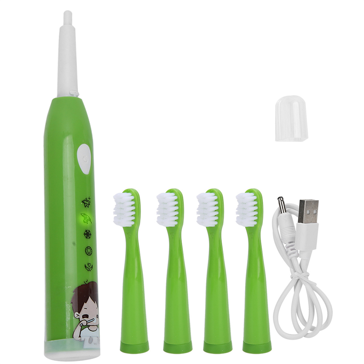 Grünes elektrisches Zahnbürstenset mit mehreren Bürstenköpfen, einem Ladekabel und einer Kappe.
