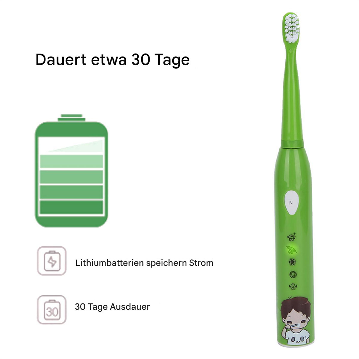 Grüne elektrische Zahnbürste. Zeigt die Akkulaufzeit und 30-tägige Laufzeit. Cartoon-Design.