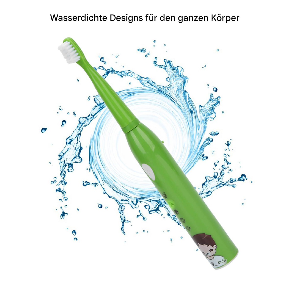 Eine grüne elektrische Zahnbürste mit Wasserspritzer-Effekt und einer Cartoonfigur auf dem Griff.