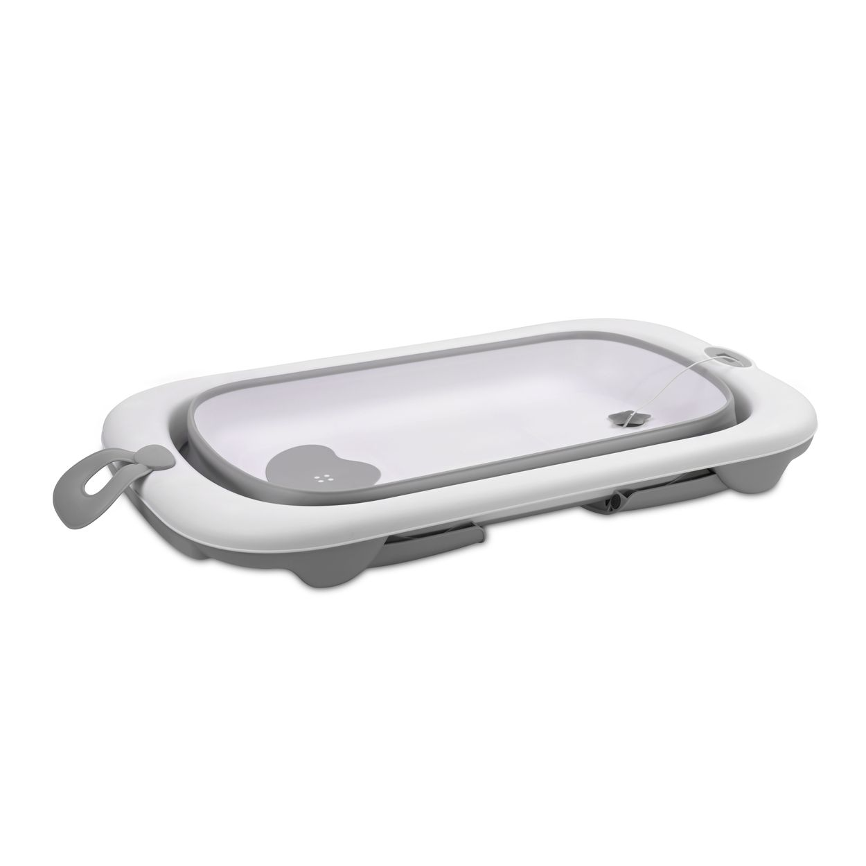 Bañera plegable para bebés blanca y gris, con asa gris y desagüe en forma de corazón.