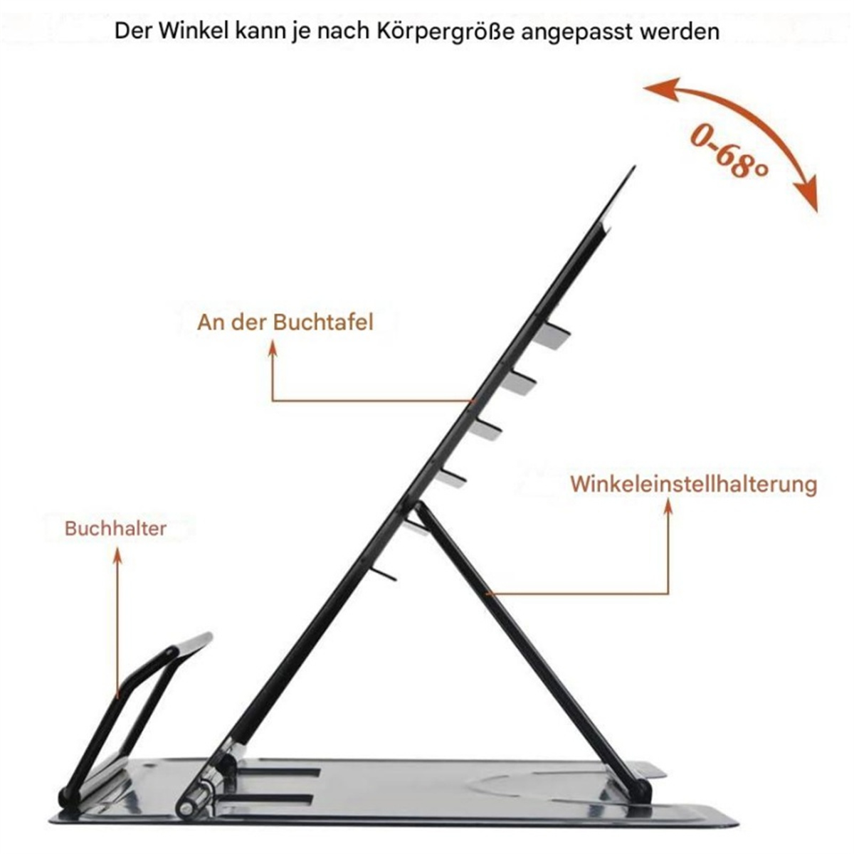 Verstellbarer schwarzer Buchständer mit deutschem Text, der den Winkelbereich anzeigt, weißer Hintergrund.