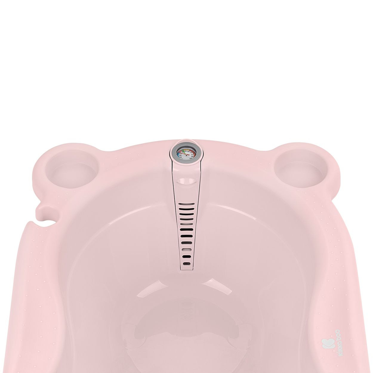 Eine rosa Babybadewanne mit Thermometer und Wasserstandsanzeige, auf weißem Hintergrund.