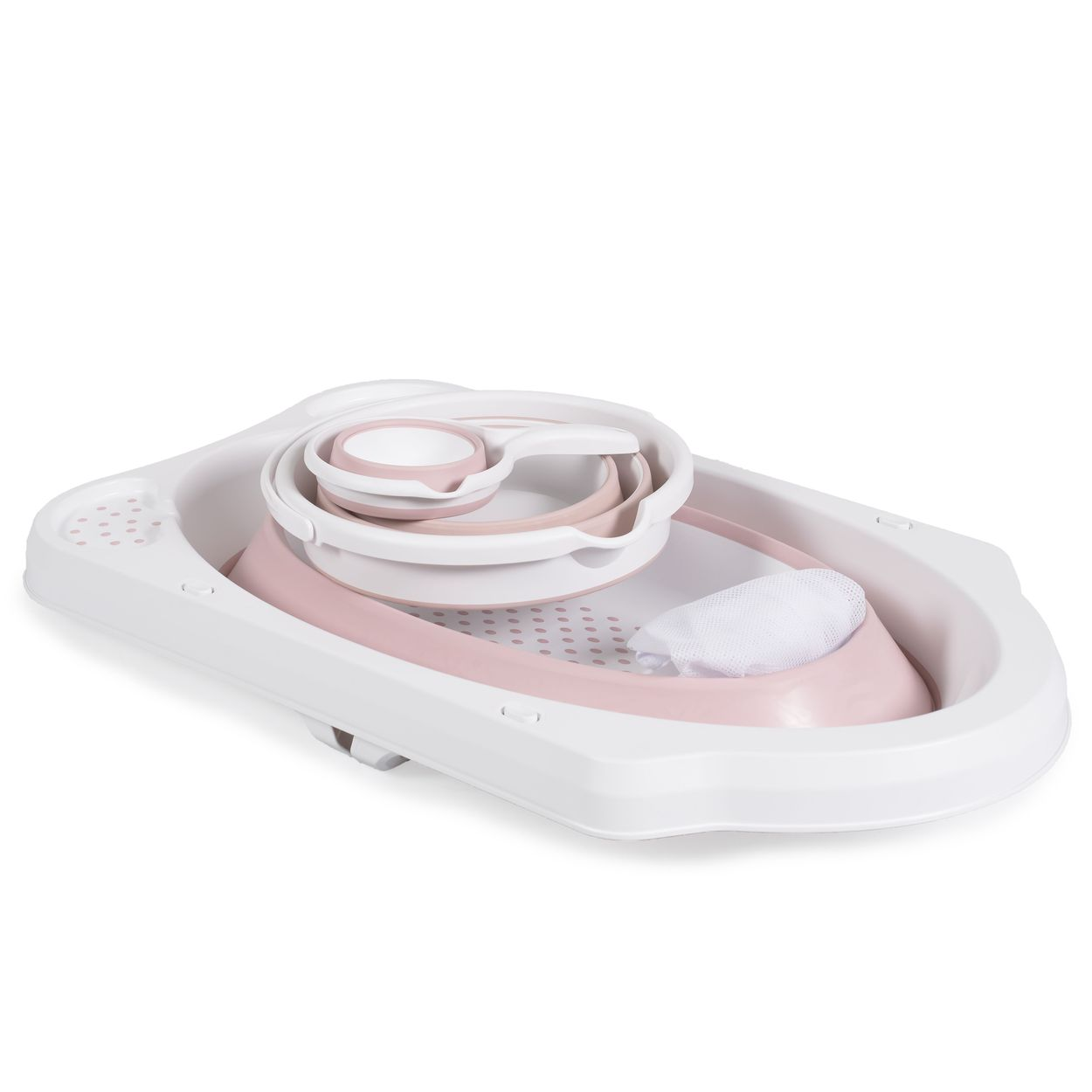 Eine weiße und rosa Babybadewanne mit Zubehör. Sie ist teilweise zusammengeklappt.
