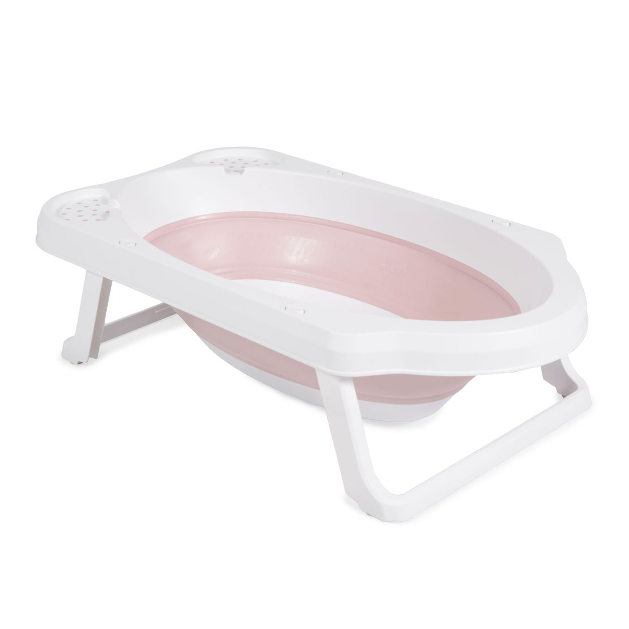 Eine zusammenklappbare Badewanne für Babys in Weiß und Rosa, zusammengeklappt, auf weißer Oberfläche.