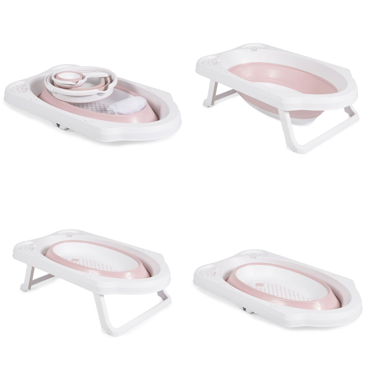 Vier Ansichten einer rosa-weißen Baby-Badewanne, die ihre faltbaren und verstellbaren Funktionen zeigen.