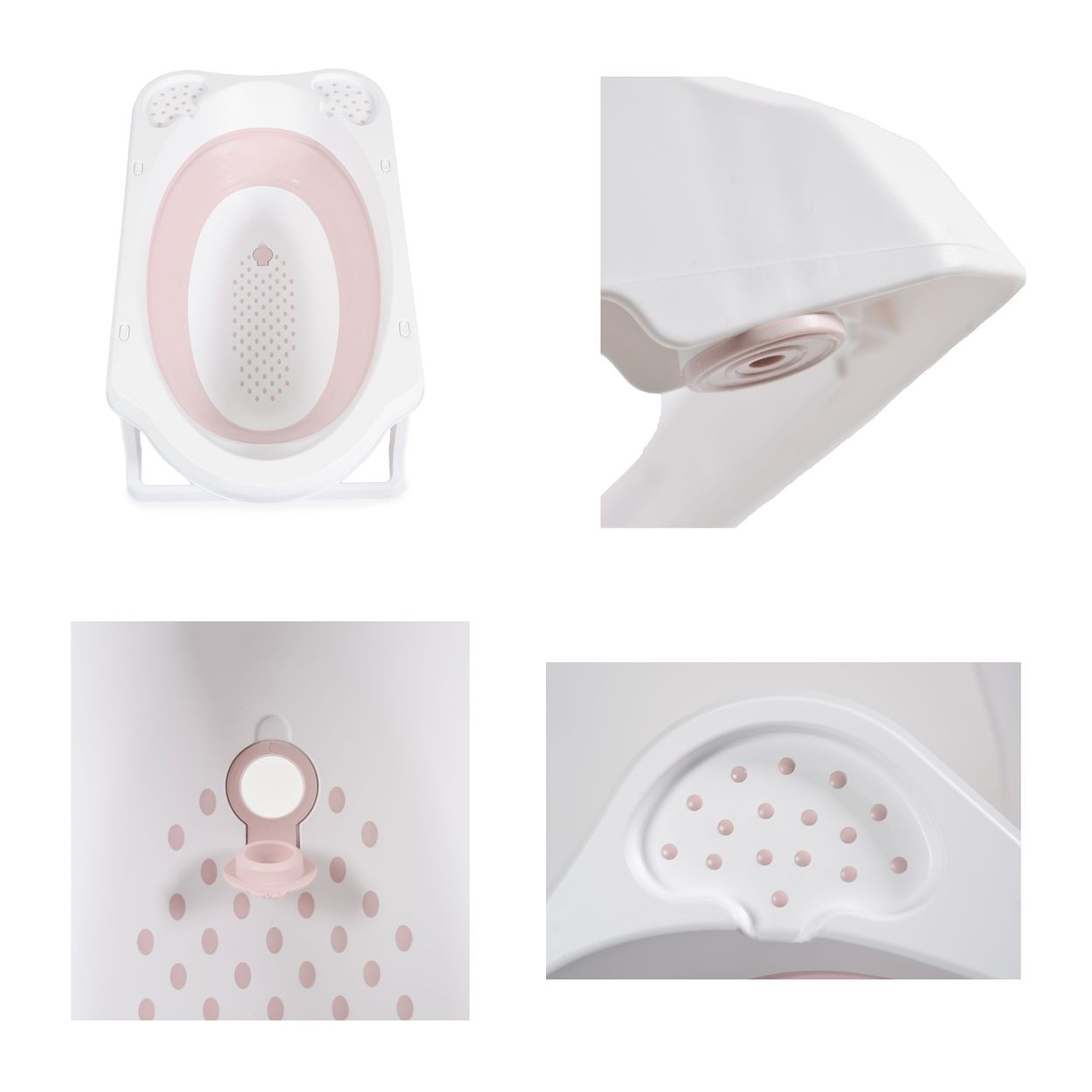Vier Bilder eines rosa-weißen Baby-Badewanne. Details umfassen die Wanne, einen Seifenhalter und den Abfluss.