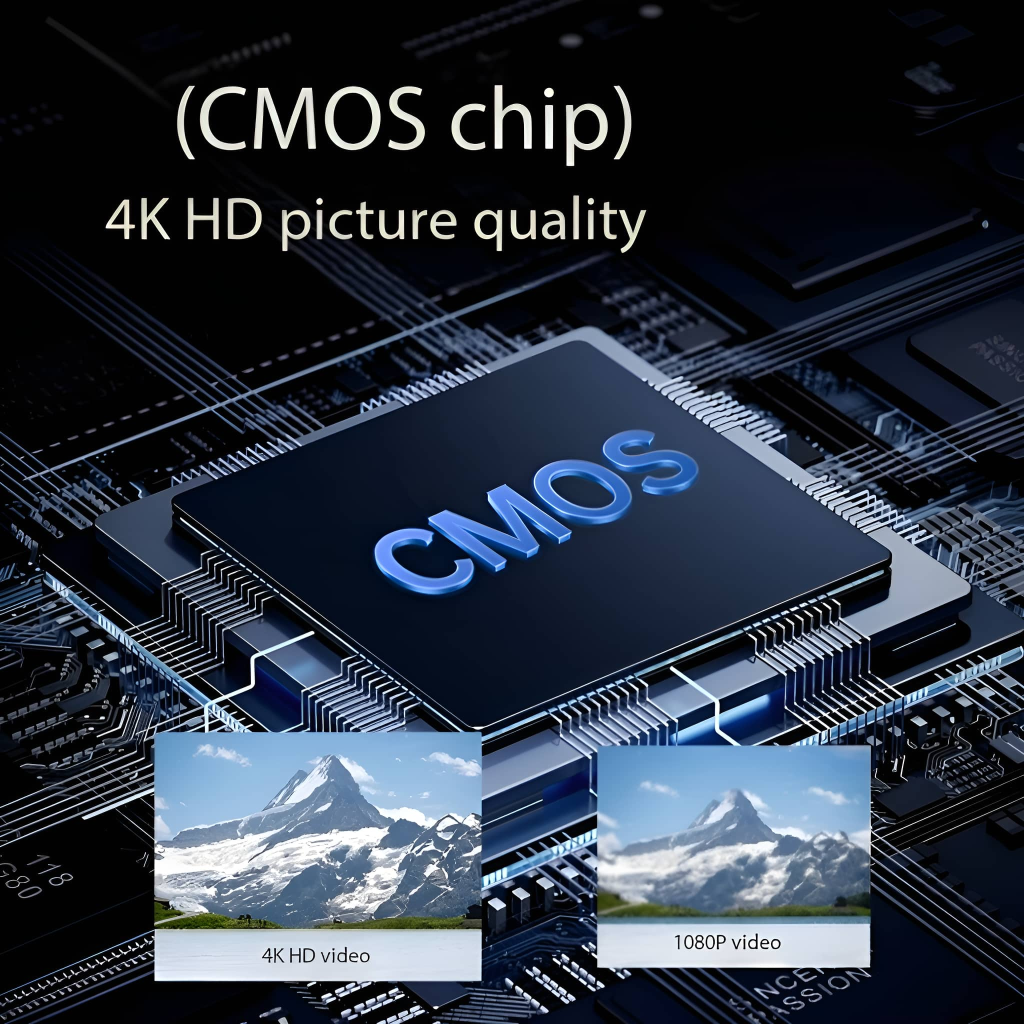 Nahaufnahme eines Computerchips mit zwei Bildern, die Videoqualität zeigen.