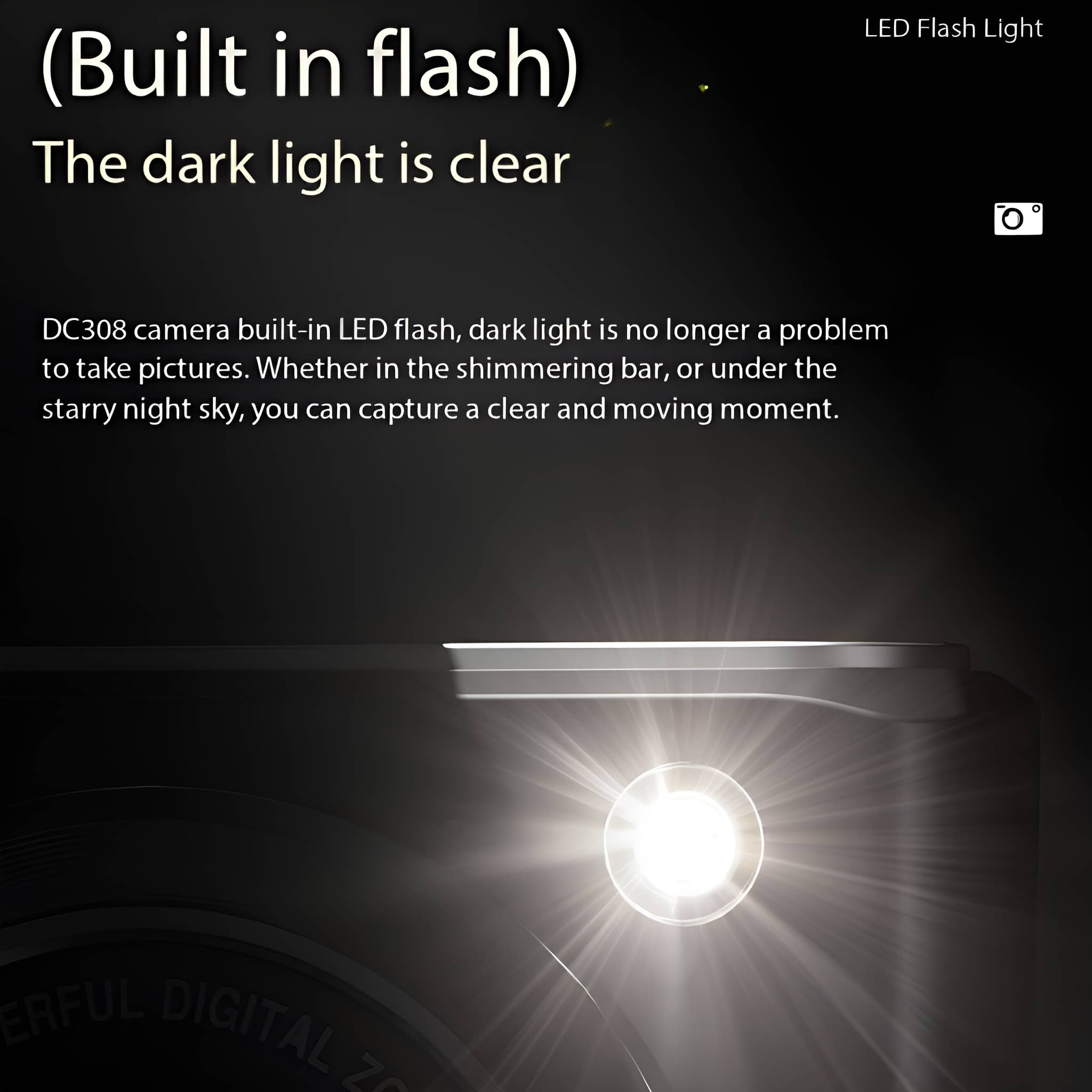 Nahaufnahme Kamerablitz. Text: Eingebauter Blitz. Das dunkle Licht ist klar. Weißes Licht auf dunklem Grund.