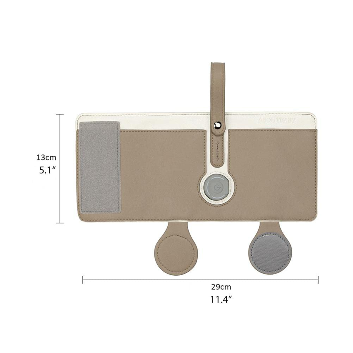 Ein beige-weißer Baby-Organizer mit Abmessungen in cm und Zoll. Hat Aufhängeriemen.