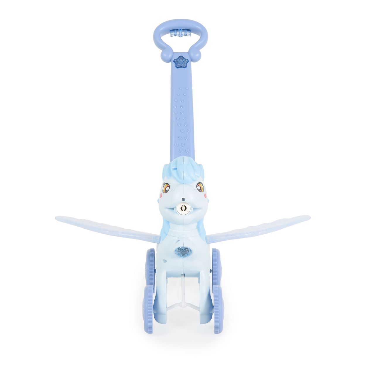 Ein blaues Spielzeugpferd mit Flügeln und Rädern auf weißem Grund.