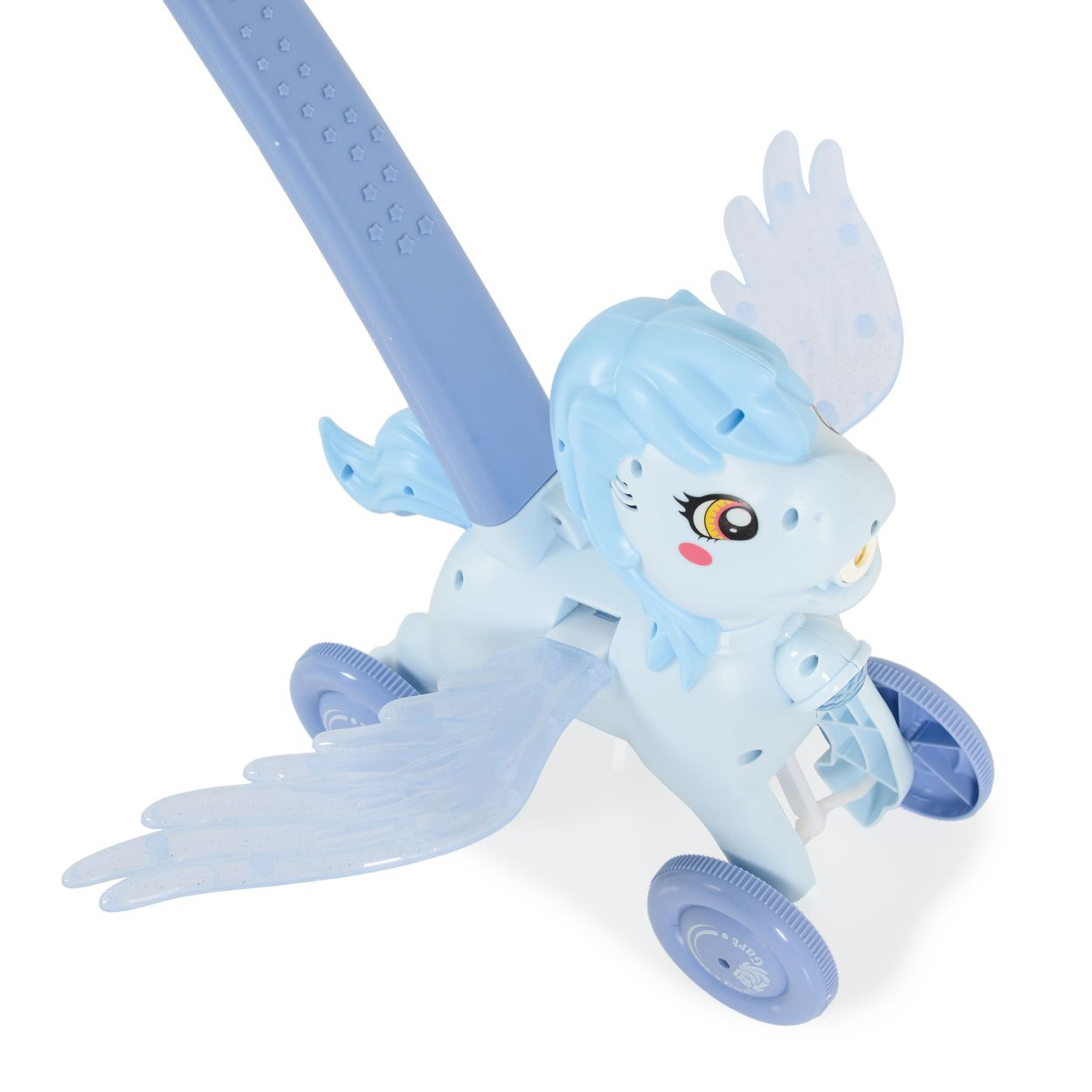 Ein blaues Pegasus-Spielzeug auf Rädern. Es ist ein Spielzeug mit Griff und Flügeln.