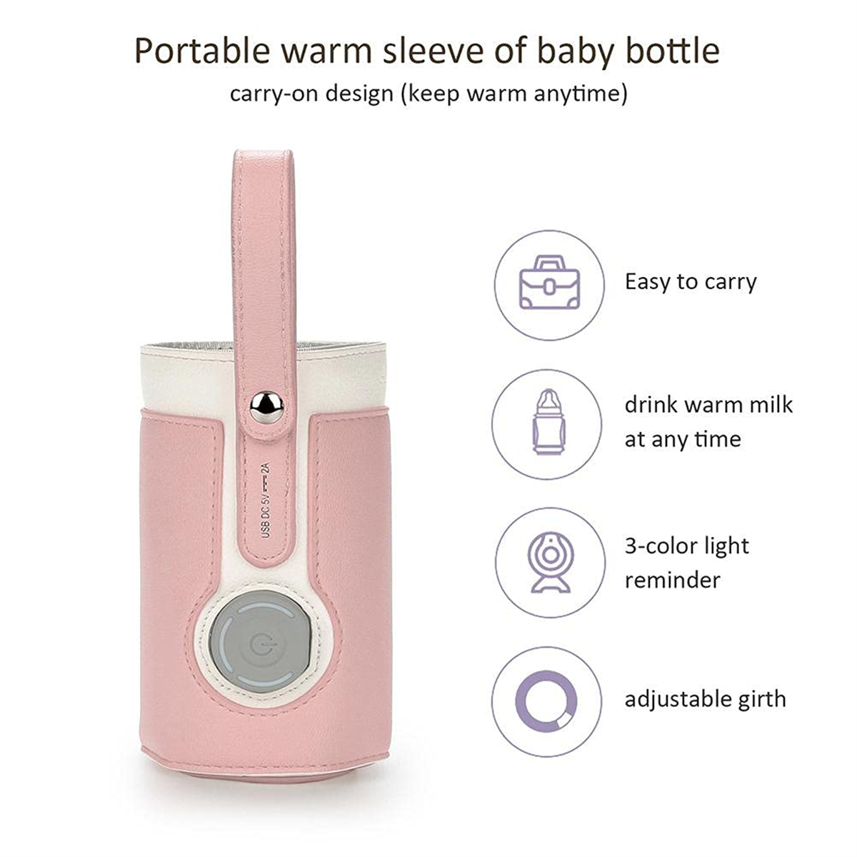Ein rosa Babyflaschenwärmer mit weißem Oberteil und Details der Produktmerkmale.