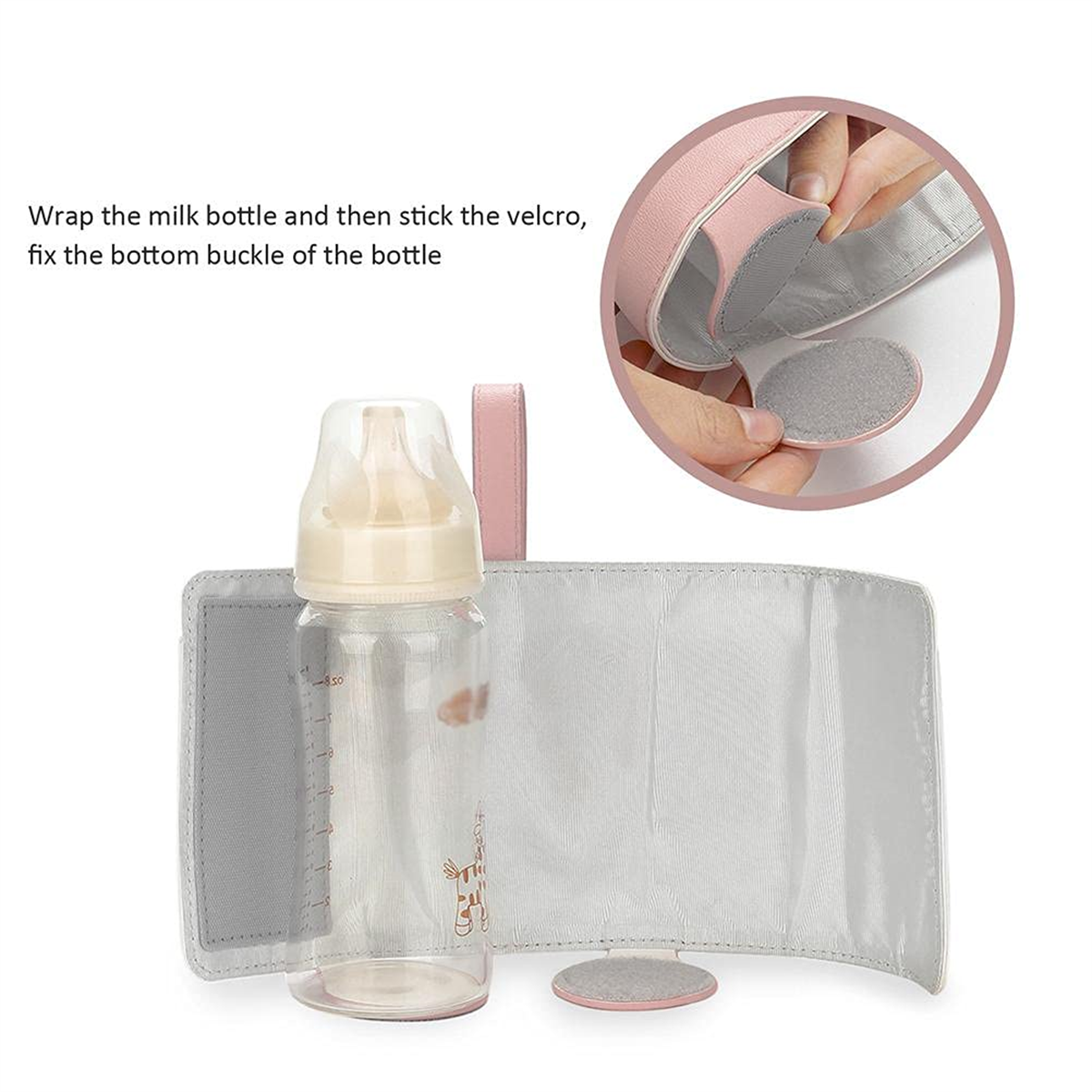 Milchflasche in rosa-grauer Hülle mit Klettverschluss.