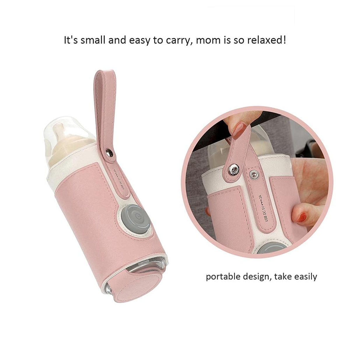 Rosa und weißer isolierter Babyflaschenhalter mit Griff. Flasche ist innen. Text: tragbares Design.
