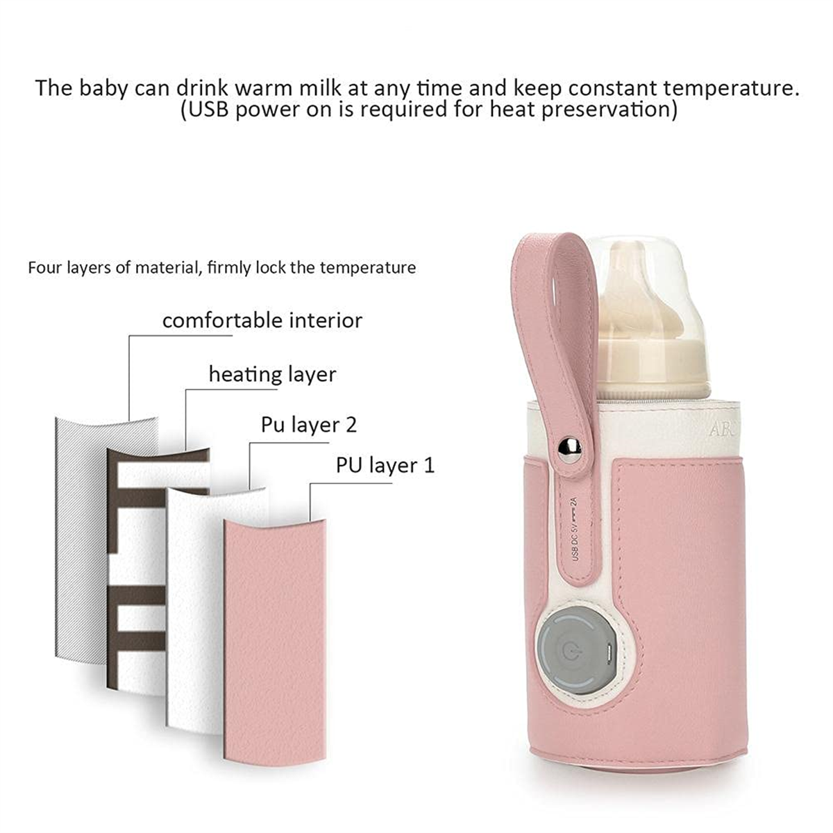 Ein rosa Babyflaschenwärmer mit weißem Deckel. Die Schichten werden angezeigt.