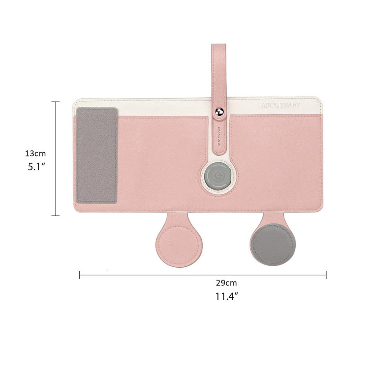 Rosa Baby-Organizer mit Maßen. Enthält einen Griff und einen kreisförmigen Knopf.