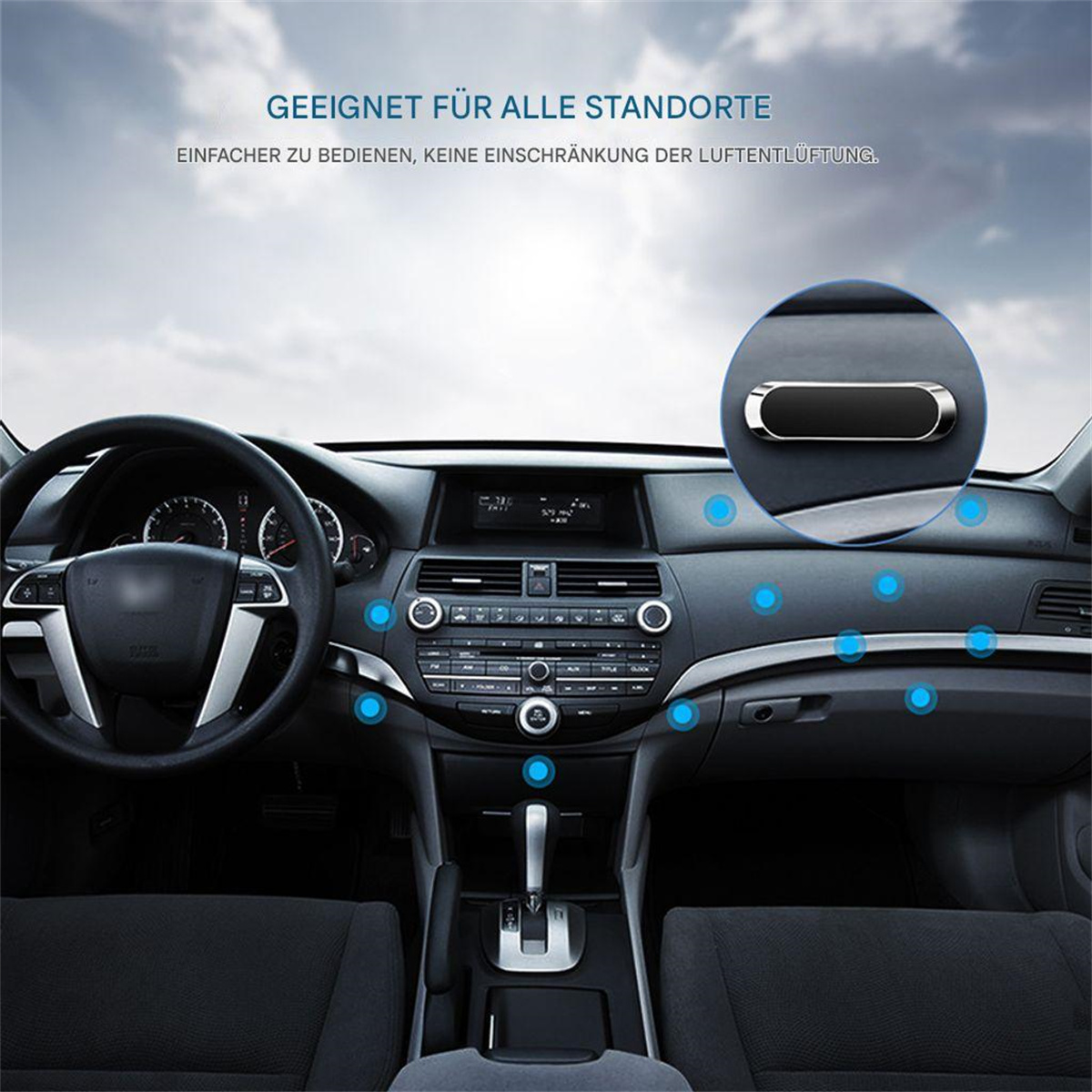 Autoinnenraum mit einer Handyhalterung in der Mitte, Text oben.