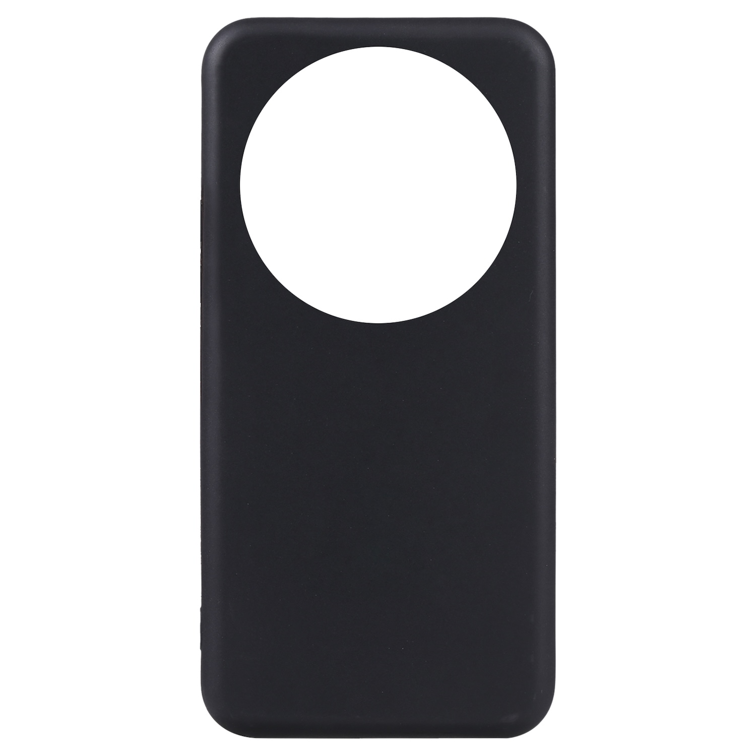 Funda de teléfono negra con un gran recorte circular blanco. La funda tiene un acabado mate suave.