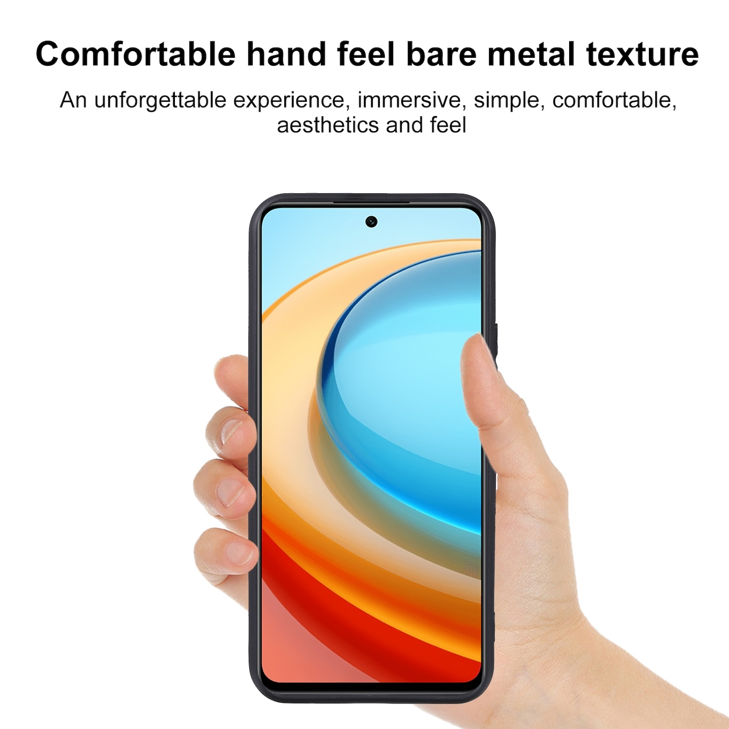 Una mano sosteniendo un smartphone con marco negro y pantalla con diseño abstracto.