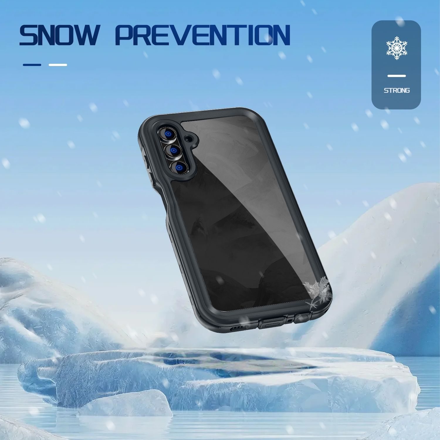 Schwarzes Telefon in wasserdichter Hülle, über Eis in Schneeszene, Text: SCHNEE-VERHINDERUNG.