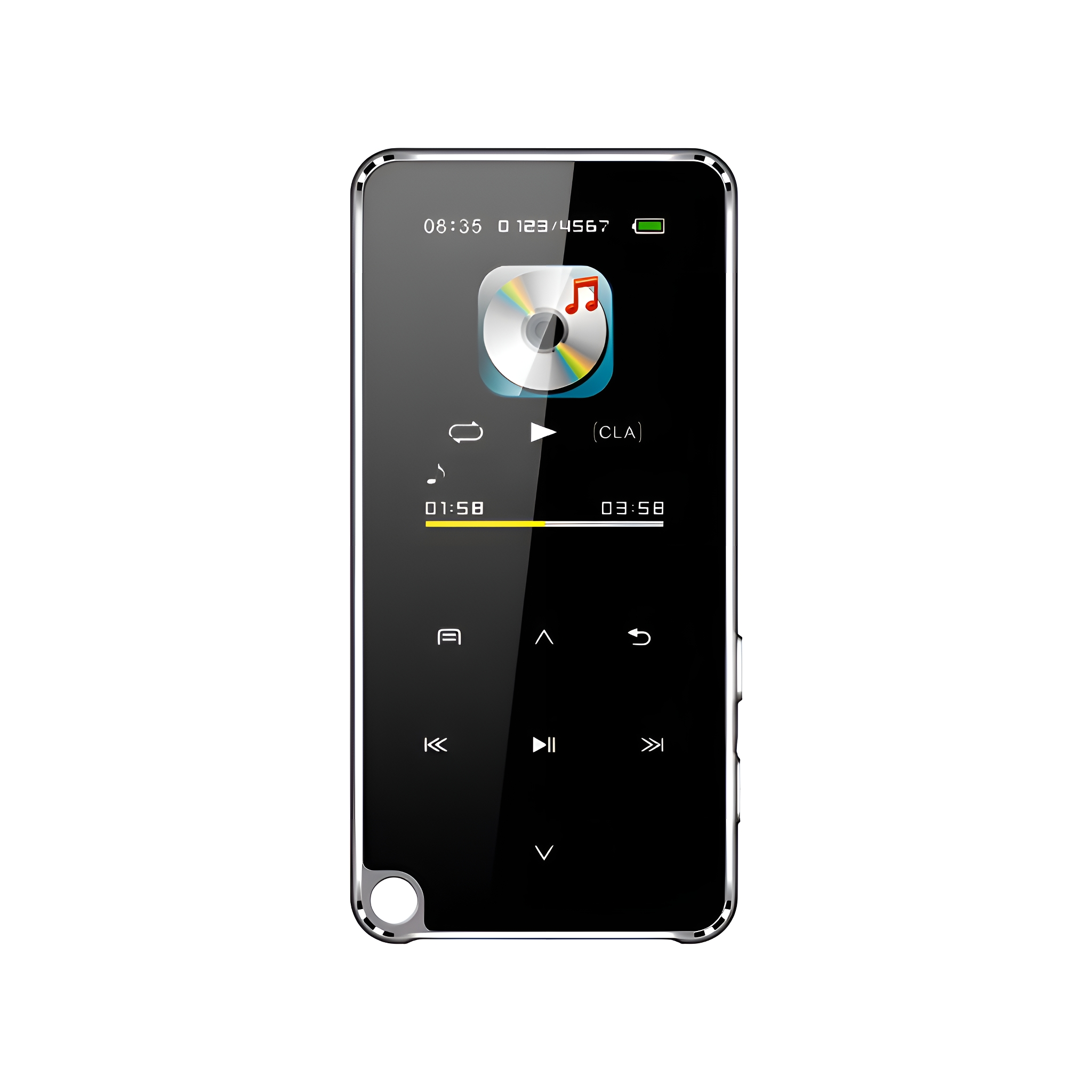 Schwarzer MP3-Player mit Bildschirm, der ein CD-Symbol anzeigt. Weißer Hintergrund.