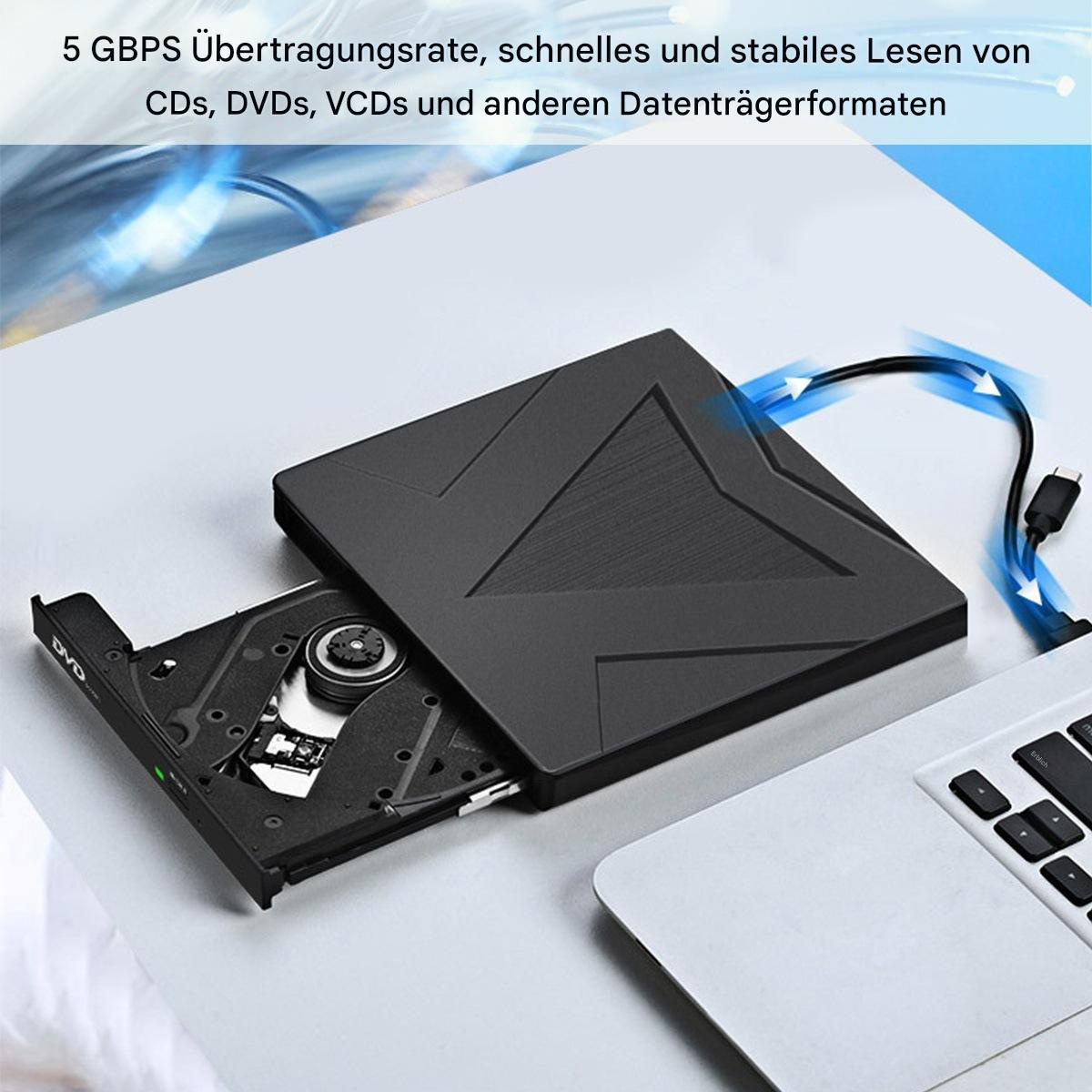 Schwarzes externes DVD-Laufwerk neben einem geöffneten Laptop, mit Text.