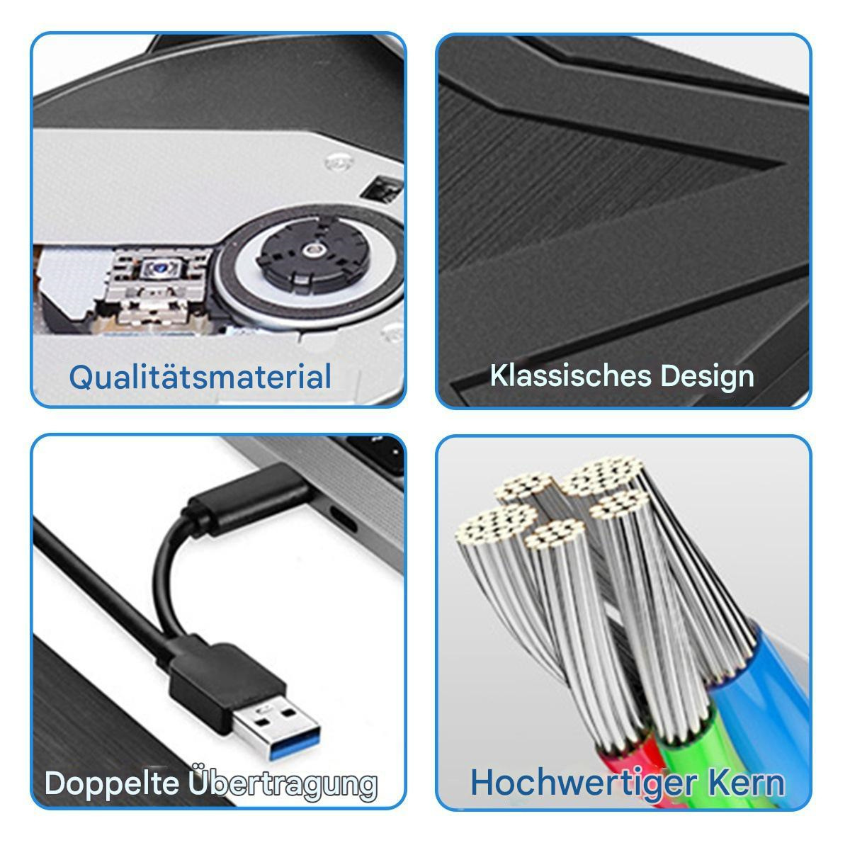 Vier Nahaufnahmen, die Teile eines Geräts zeigen, darunter ein CD-Laufwerk, Kabel und einen USB-Anschluss.