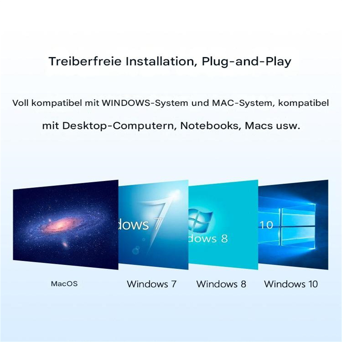 Abbildung zeigt MacOS, Windows 7, 8 und 10 Logos, wirbt für Plug-and-Play-Kompatibilität.