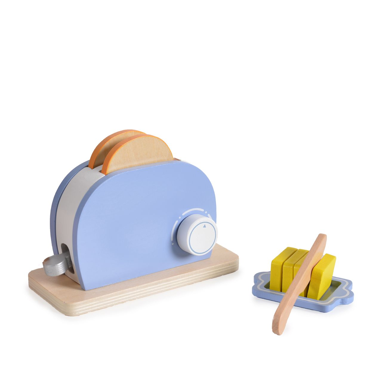 Spielzeug-Toaster aus Holz mit zwei Toastscheiben und Butter mit Messer auf einem Tablett.