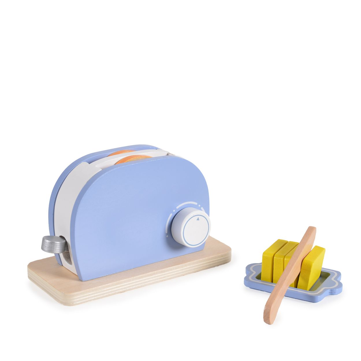 Holzspielzeug-Toaster, blau mit weißen Details. Ein kleines Tablett mit Butter und einem Messer.