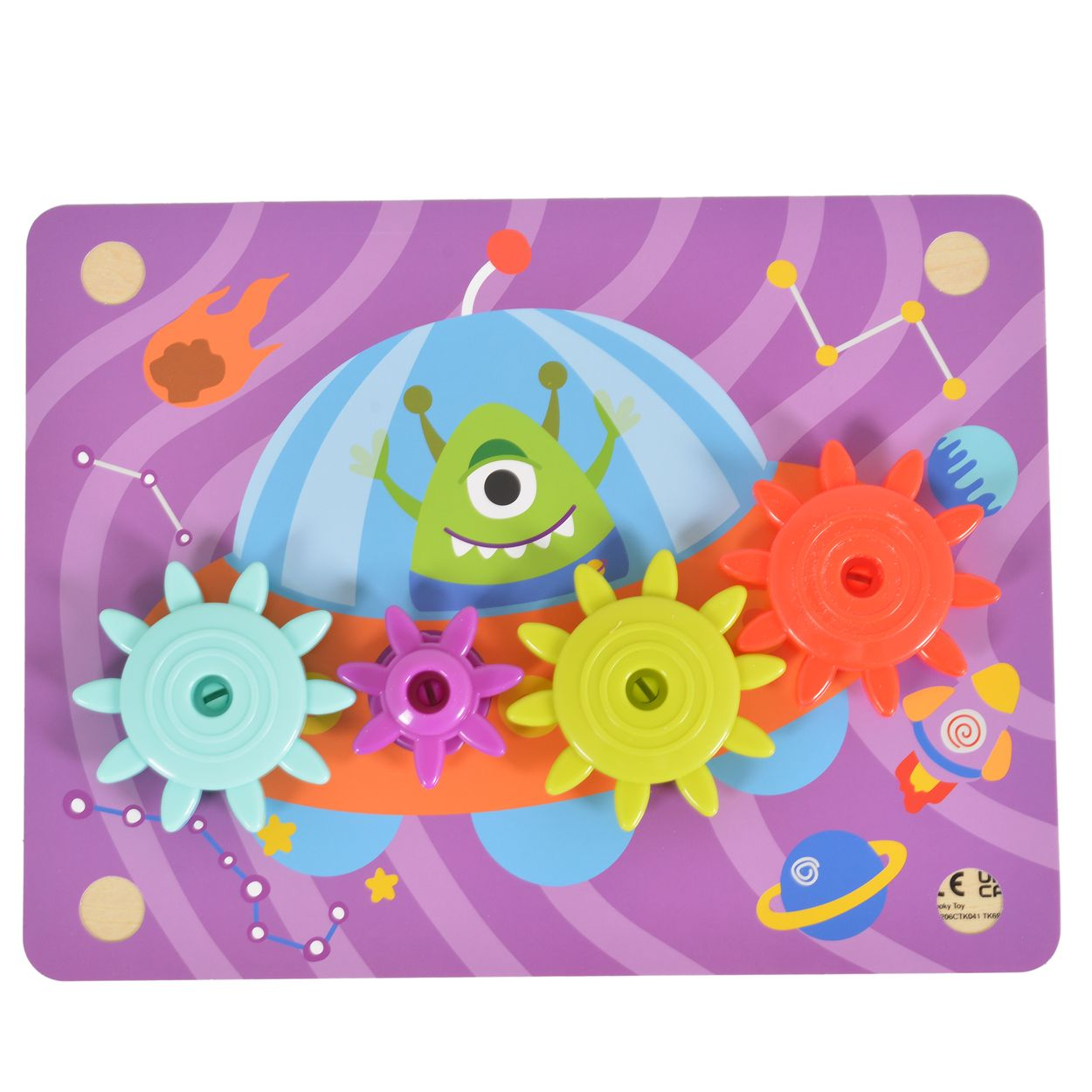 Ein hölzernes Weltraum-Puzzle mit bunten Zahnrädern und einem Alien.