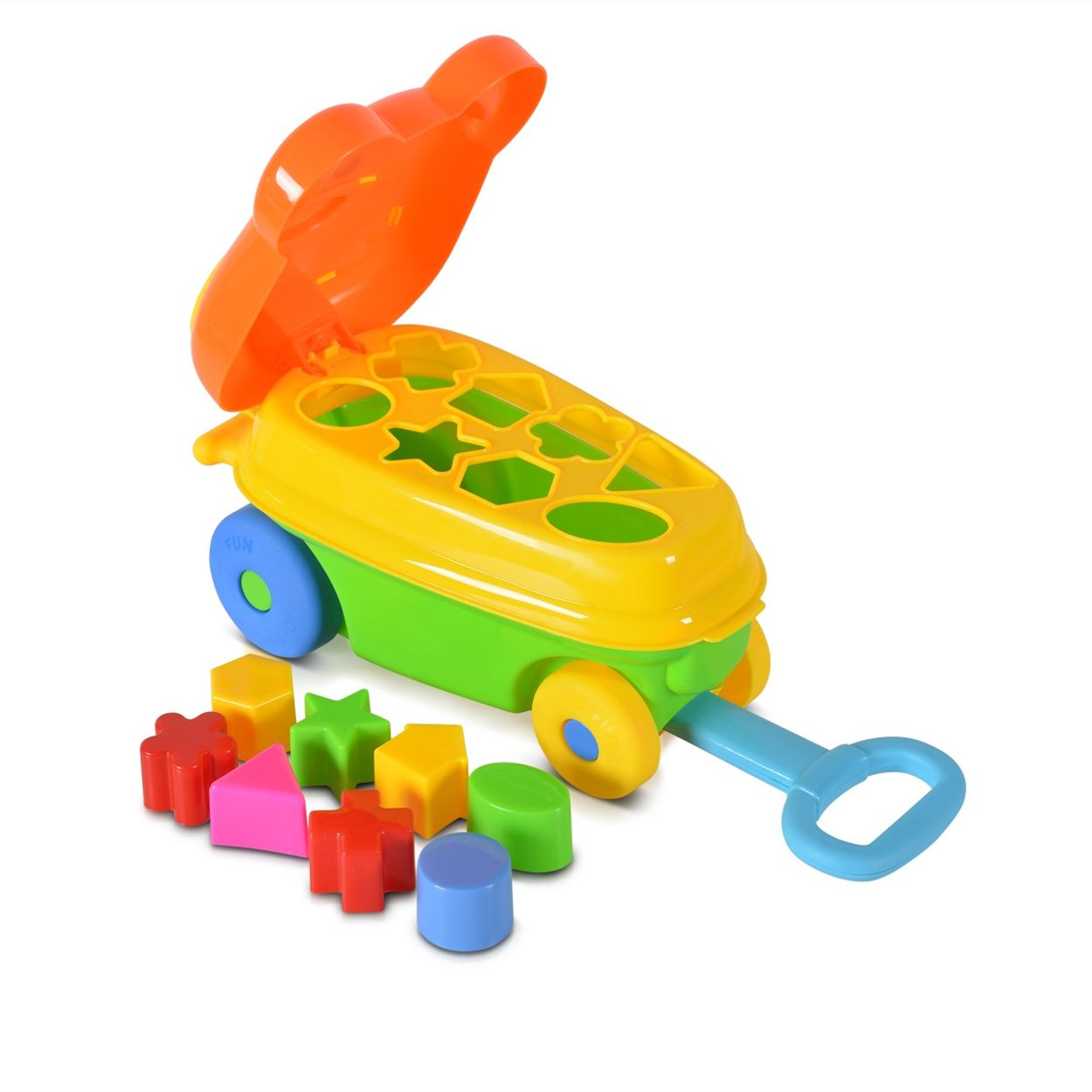 Ein bunter Spielzeugwagen ist mit Formblöcken gefüllt. Die Oberseite ist offen und hat einen Ziehgriff.
