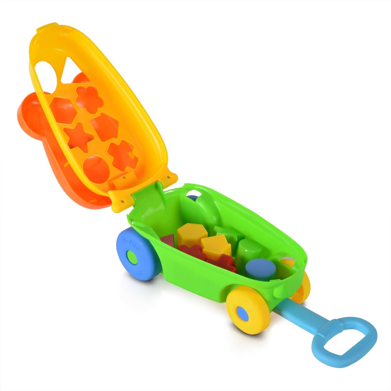 Ein farbenfroher Spielzeugwagen mit Griff, offenem Deckel, der Formsortierblöcke zeigt. Deckel und Räder sind orange und blau.