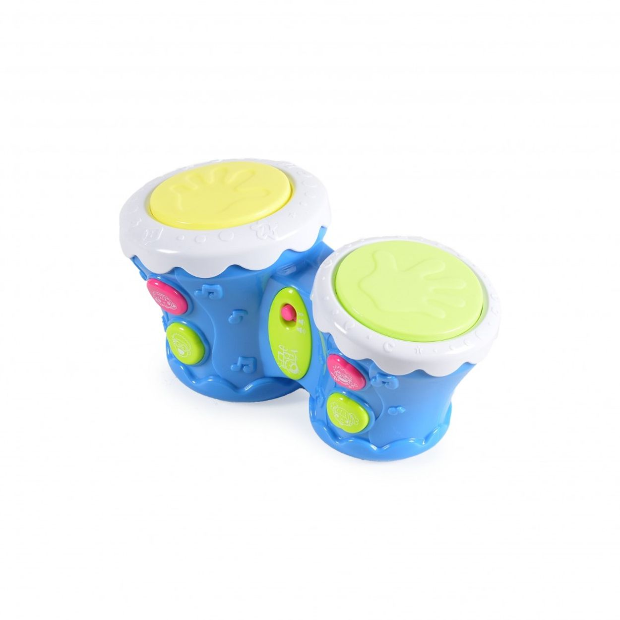 Blaue Spielzeugtrommeln mit gelben Trommelfellen, weißer Hintergrund.