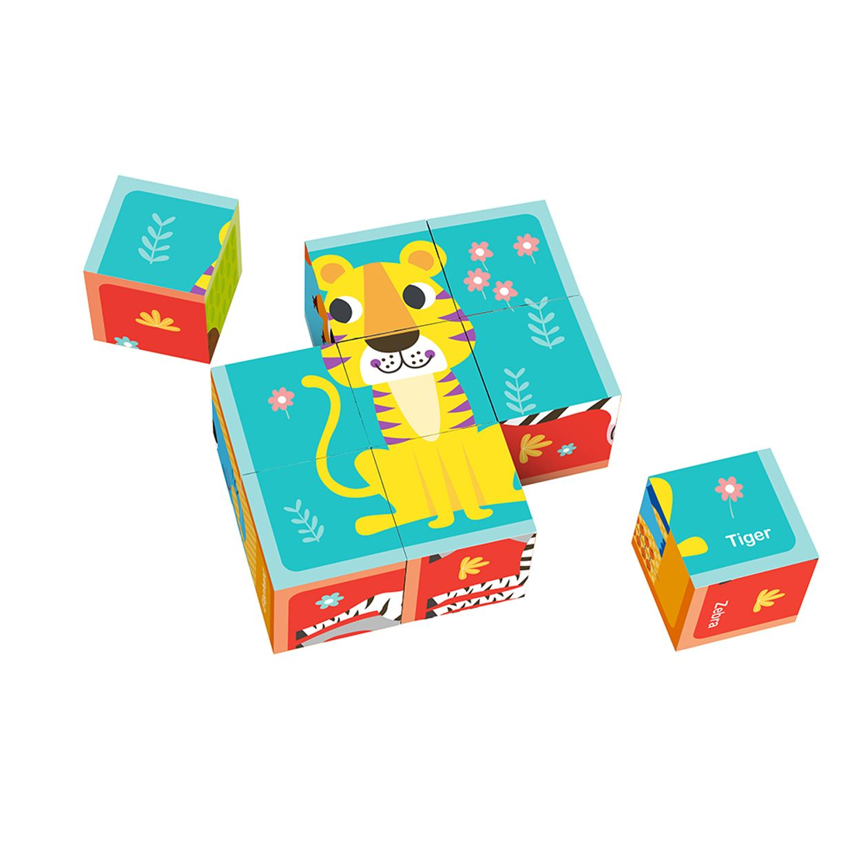 Spielzeugblöcke mit Tiger- und Zebra-Bildern, bunt mit Blumen- und Blattmotiven.