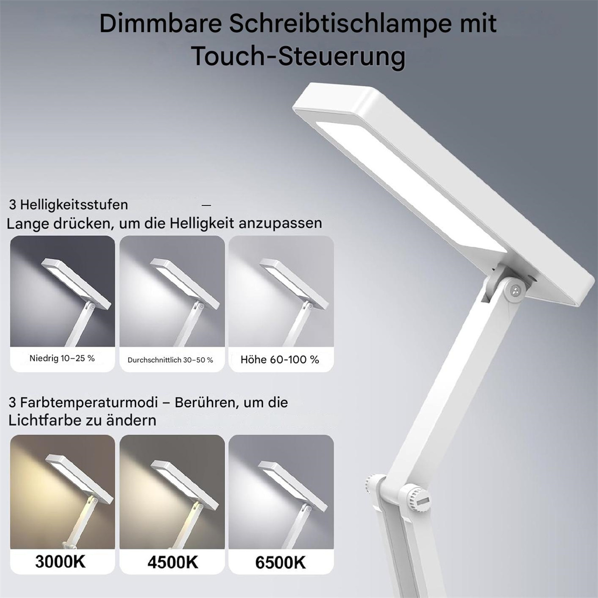 Eine weiße Schreibtischlampe mit einstellbaren Einstellungen. Der Text beschreibt Helligkeitsstufen und Farbtemperaturen.