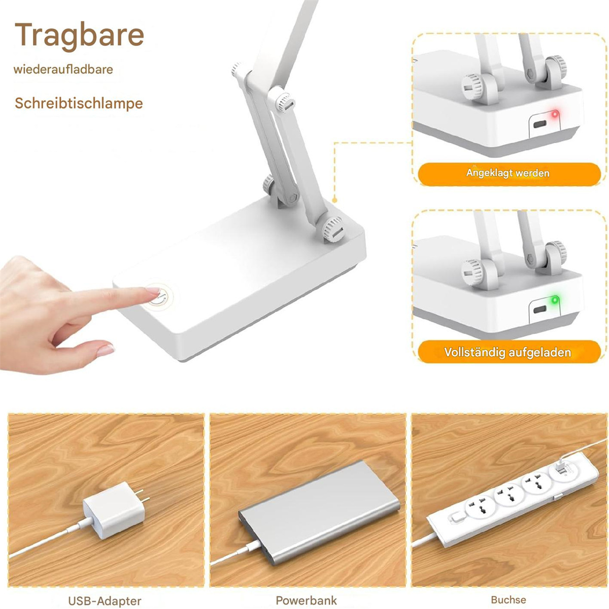 Weiße Schreibtischlampe mit Ladegerät und Stromoptionen. Hat eine Touch-Steuerung.