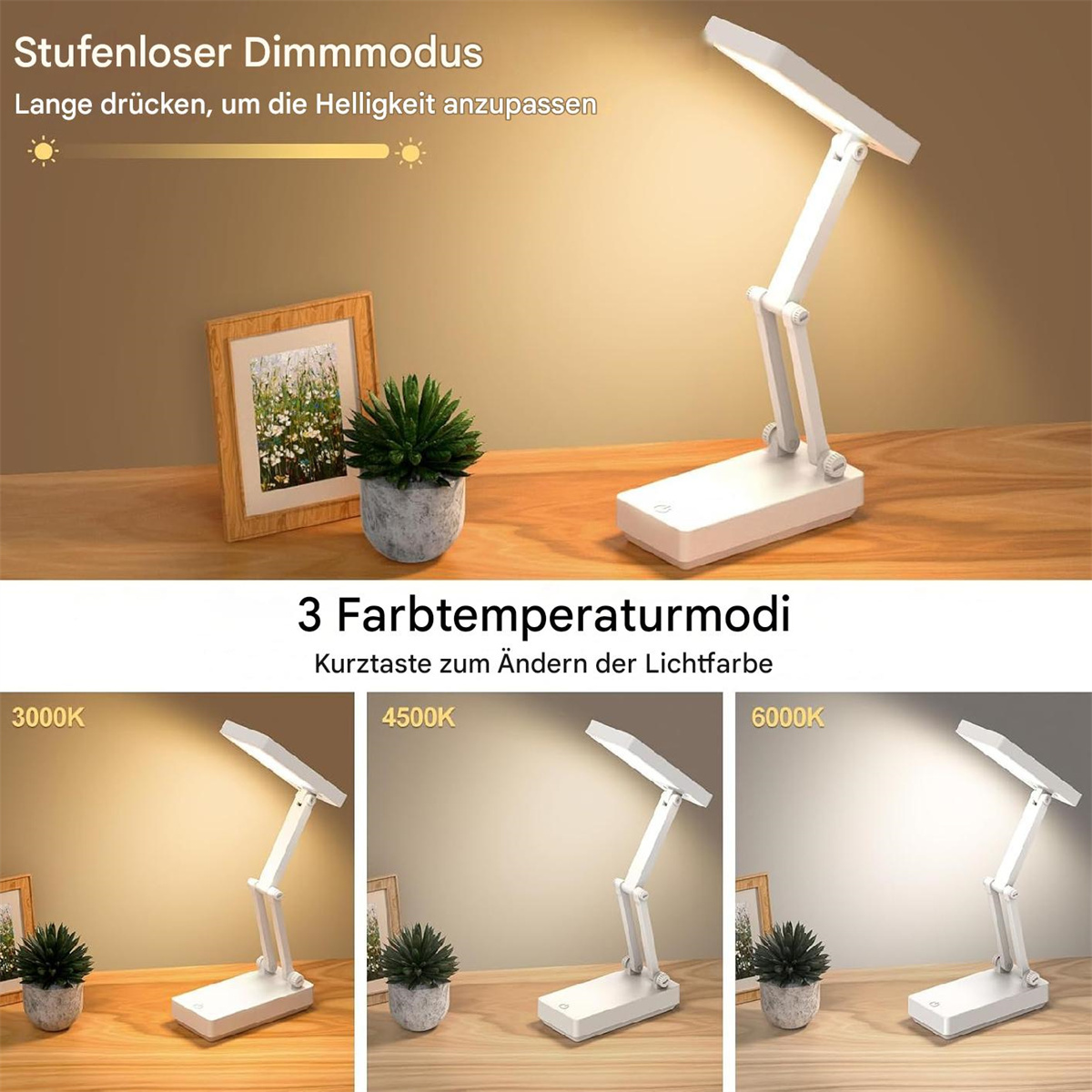 Eine weiße Schreibtischlampe mit einstellbaren Einstellungen. Drei verschiedene Lichttemperaturen werden gezeigt.