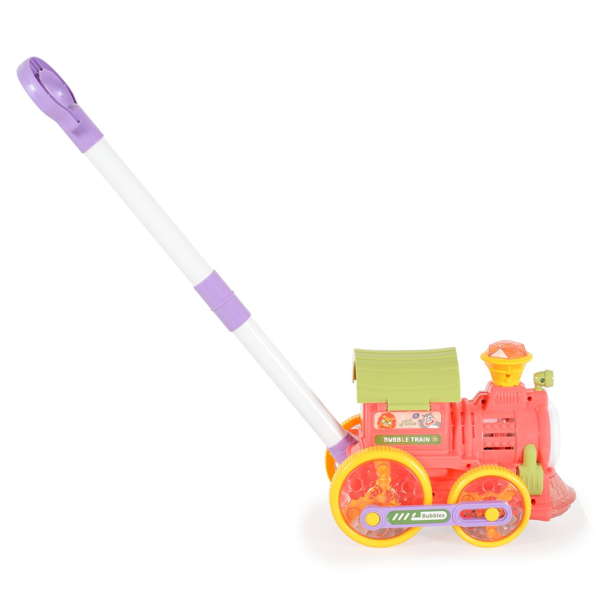 Ein rosa Spielzeugzug mit Griff, für Kinder konzipiert.