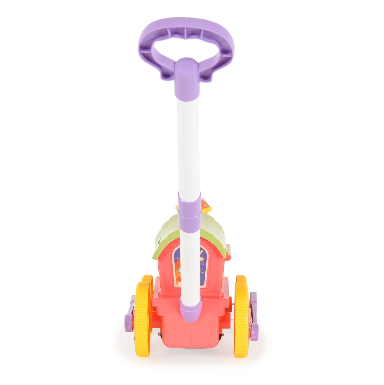 Ein roter und rosa Spielzeugwagen mit lila Griff und gelben Rädern.