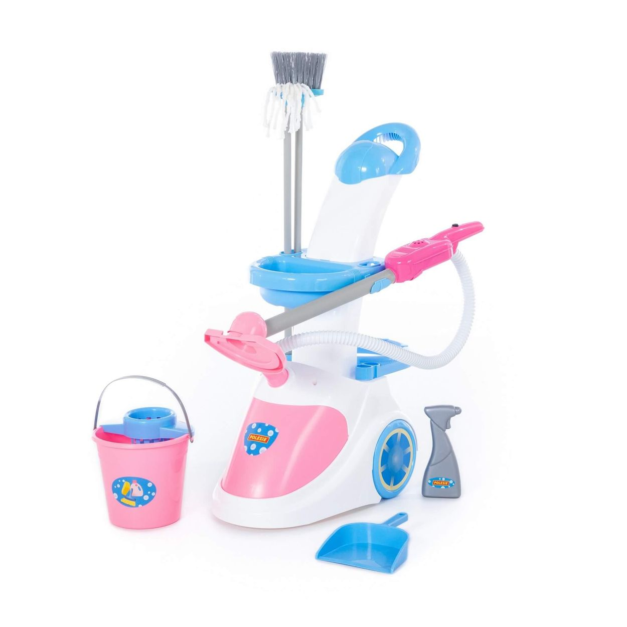 Spielzeug-Reinigungsset. Rosa Eimer, Mopp, Staubsauger und andere Utensilien.