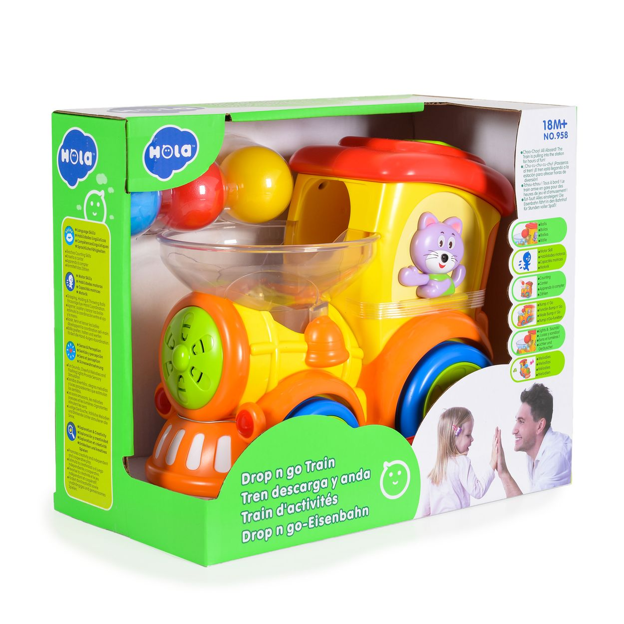 Spielzeugzug in der Box, leuchtende Farben. Box zeigt Bilder von Kindern und Text. Weißer Hintergrund.