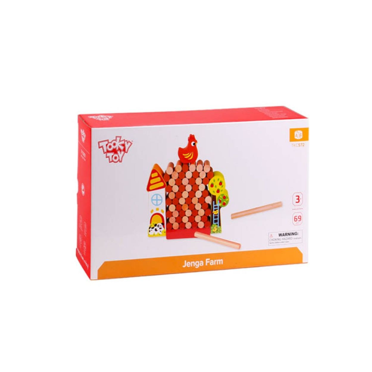 Ein Spiel in der Box, 'Jenga Farm', wird gezeigt. Die Box hat ein rot-weißes Design mit Spielkomponenten.