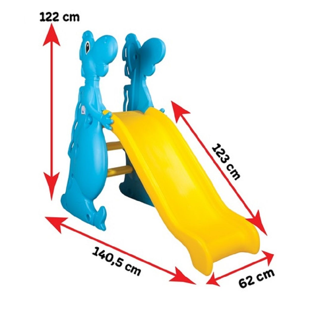 Blaue und gelbe Kunststoffrutsche. Enthält zwei Dinosaurierfiguren oben.
