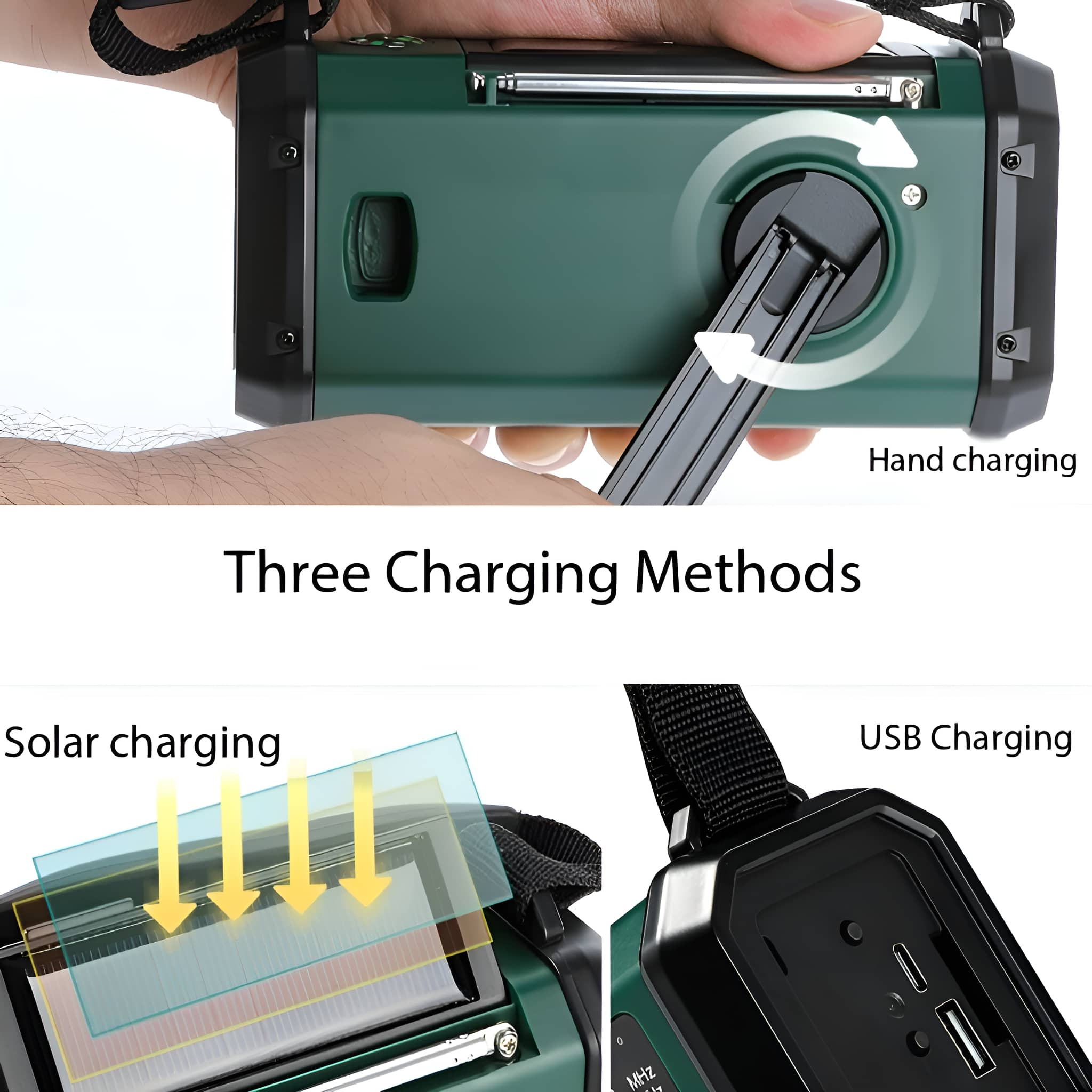 Ein grünes Gerät mit drei Lademethoden: Hand, Solar und USB.
