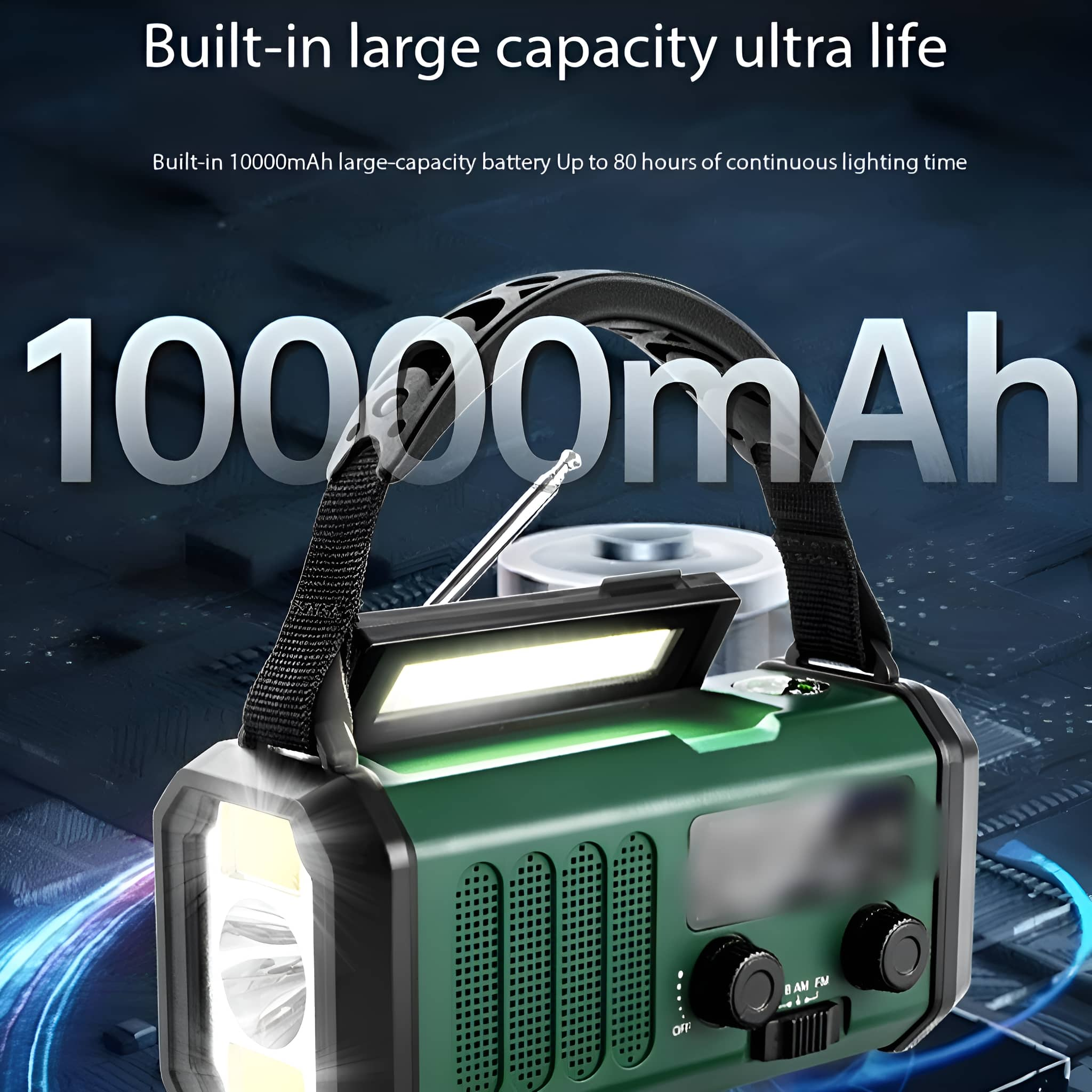Grünes Taschenlampenradio mit Griff, 10000mAh Akku. Bis zu 80 Stunden Licht.
