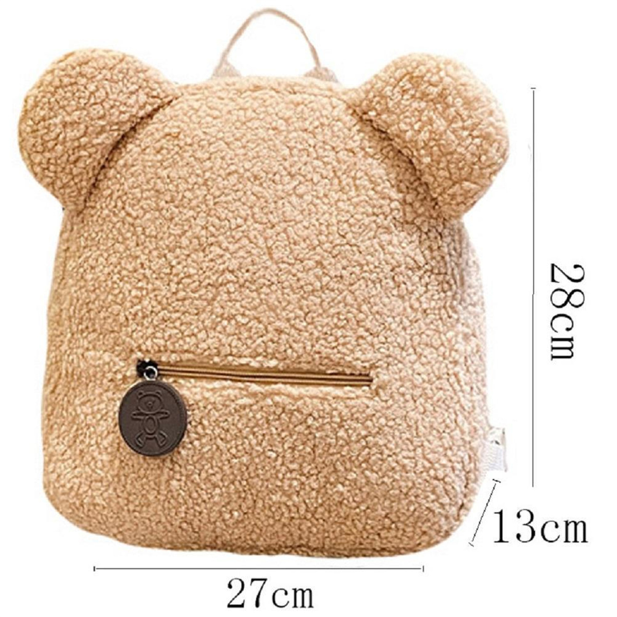 Brauner Teddybär-Rucksack mit Reißverschluss und Abmessungen: 28 cm x 27 cm x 13 cm.