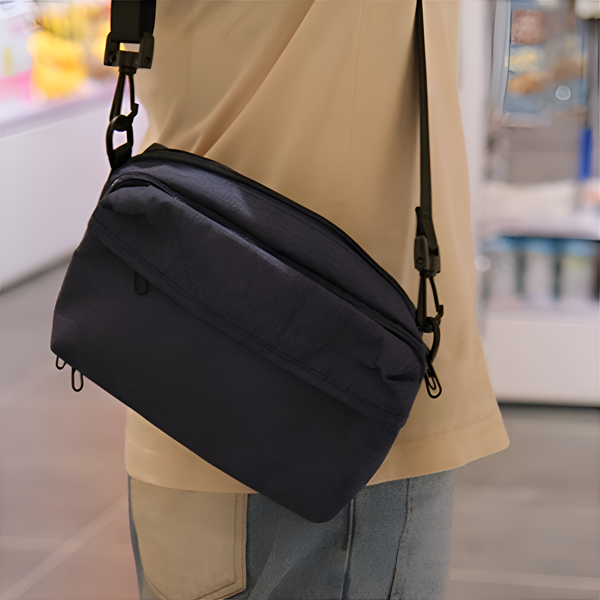 Eine Person mit beigem Hemd und Jeans trägt eine dunkelblaue Umhängetasche über der Schulter.