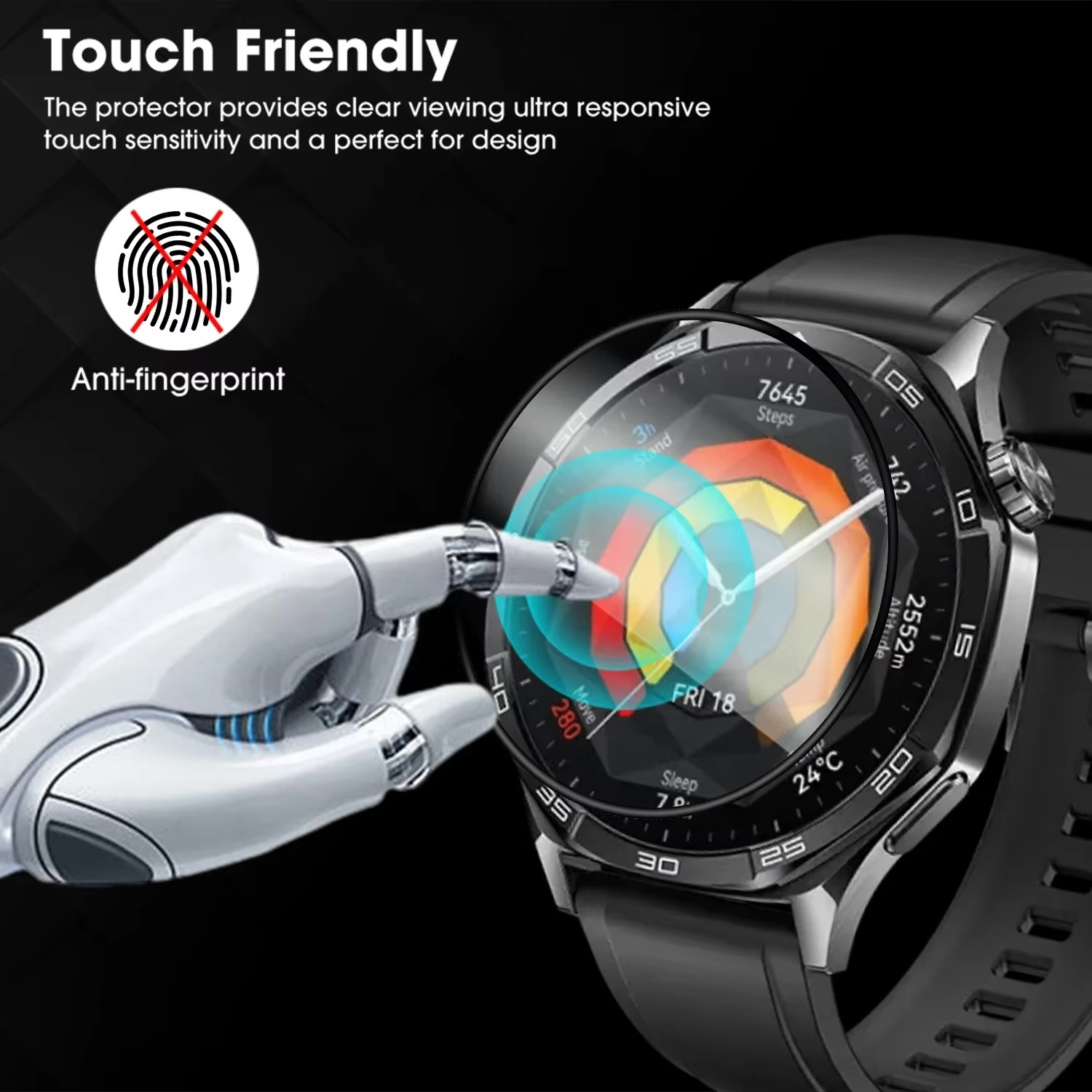 Eine Smartwatch mit klarem Display, eine weiße Roboterhand berührt den Bildschirm mit Fingerabdruck-Symbol.