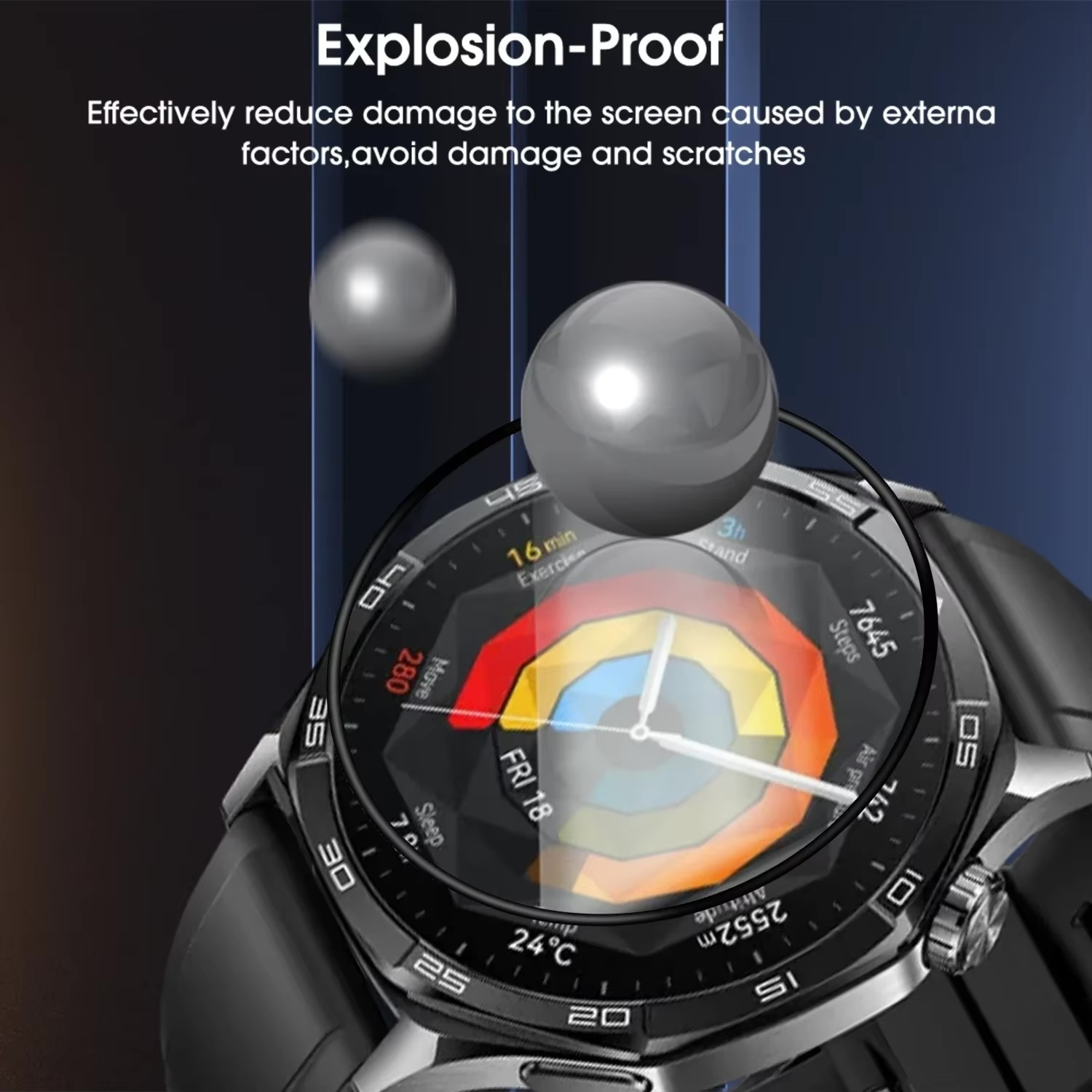 Eine schwarze Smartwatch mit rundem Zifferblatt und zwei schwebenden Kugeln davor.